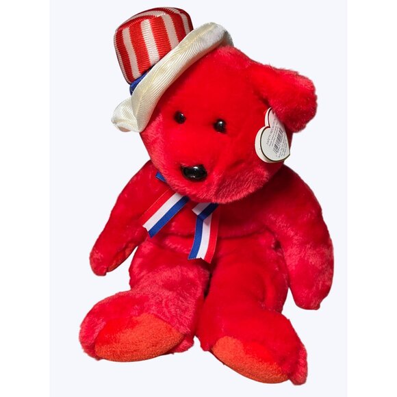 Ty Beanie Buddies  Plush Sam Red Bear With Patriotic Hat and Ribbon - Picture 1 of 11